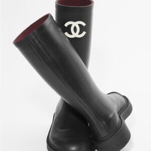CHANEL Black and White Logo Knee-High Boots